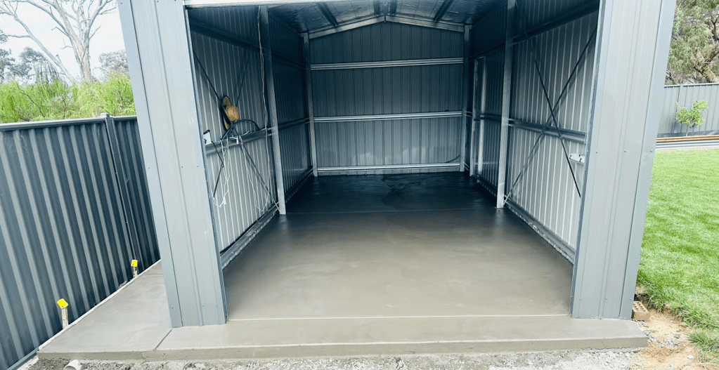 Durable concrete shed slab installed by Budget Concrete Landscaping in Bendigo.